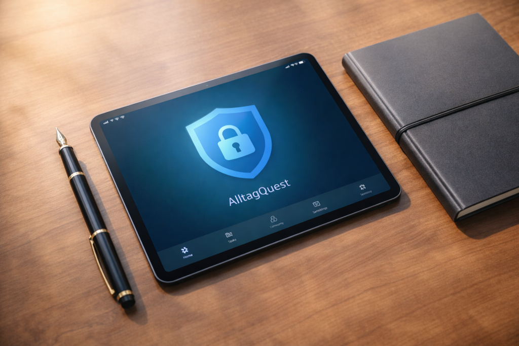 Datensicherheit in der Jugendhilfe: Tablet zeigt die AlltagQuest App mit Schutzschild-Symbol für sichere digitale Dokumentation.