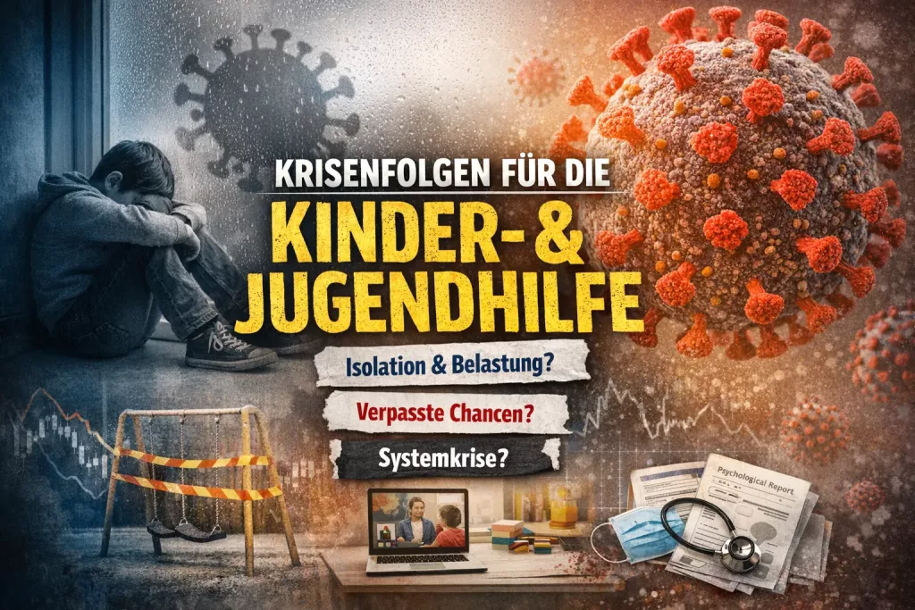 Titelbild zum Fachartikel: Krisenfolgen für die Kinder- und Jugendhilfe. Collage zeigt ein zusammengekauertes Kind vor einem Fenster, ein abgesperrtes Spielplatzgerät, einen Laptop mit Videoberatung, medizinische Dokumente mit Stethoskop und Mundschutz sowie ein stilisiertes Coronavirus. Texteinblendungen: Isolation & Belastung? – Verpasste Chancen? – Systemkrise