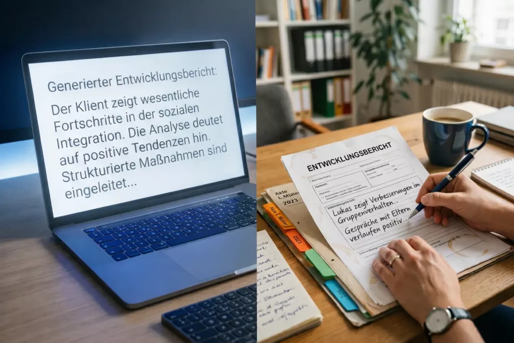KI und Entwicklungsbericht in der Jugendhilfe: Links ein Laptop mit generischem KI-generiertem Text, rechts eine Fachkraft, die einen Entwicklungsbericht handschriftlich mit konkreten Beobachtungen ausfüllt – Gegenüberstellung digitaler Textgenerierung und professioneller Dokumentation