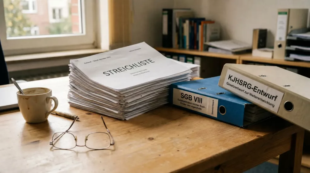 Ein dicker Papierstapel mit der Aufschrift Streichliste neben Aktenordnern SGB VIII und KJHSRG-Entwurf auf einem Schreibtisch.